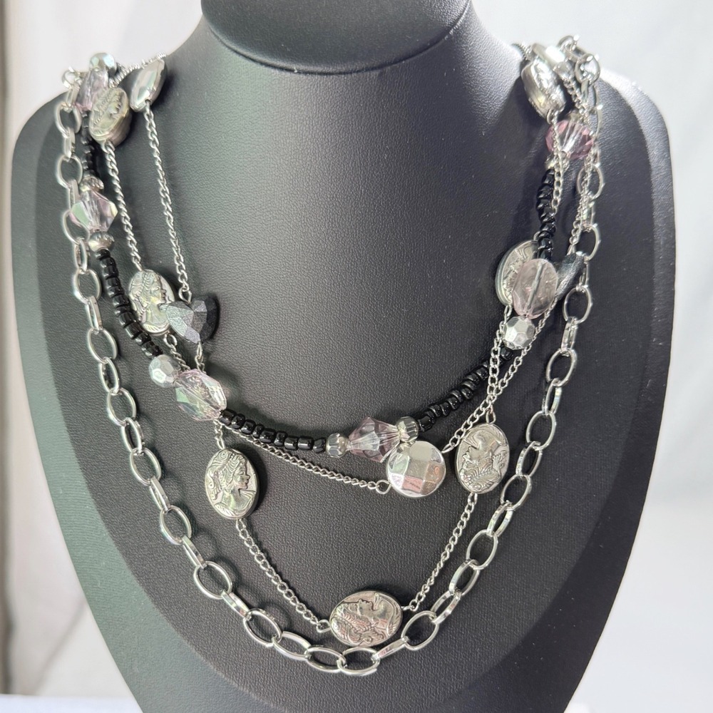 Vintage Silver Tone Layered Multi Strand Cameo Portrait Heart Necklace